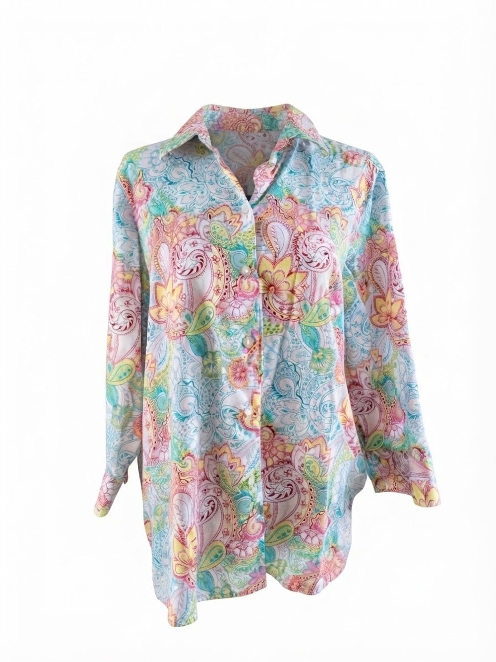 Foxcroft Pastel Paisley Button-Down Shirt in Blue, Pink & Yellow
